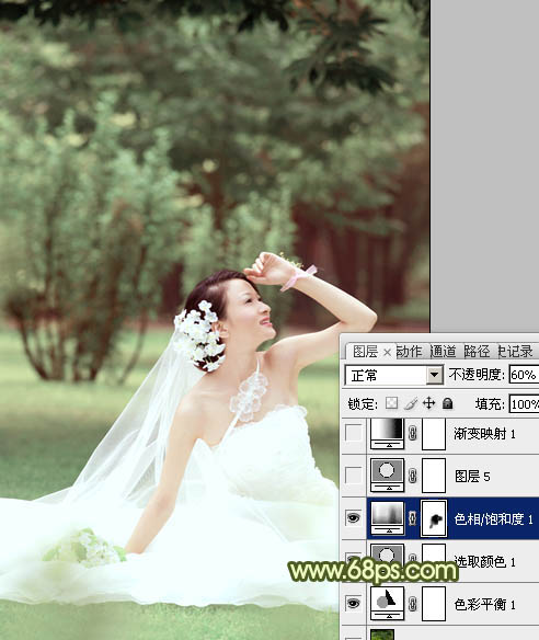 Photoshop将外景婚片调成淡淡的黄绿甜美色