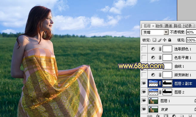 Photoshop将草原人物图片调成柔美的黄昏