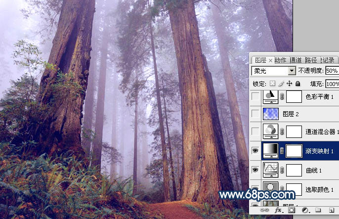 Photoshop制作暗调蓝紫色的森林图片