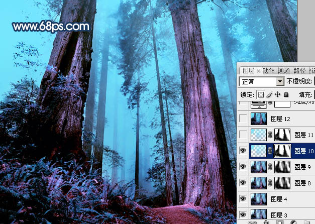Photoshop制作暗调蓝紫色的森林图片