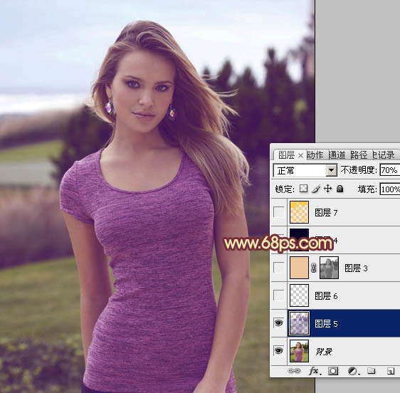 Photoshop将外景人物图片调成柔美的黄紫色