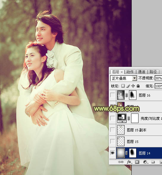 Photoshop将外景婚片调成淡淡的黄褐色