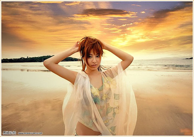 photoshop快速给海景人物照片加上绚丽的晚霞背景
