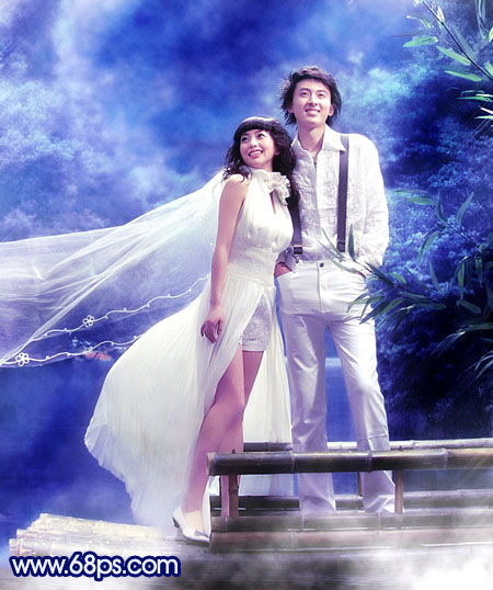 Photoshop将外景婚片调成梦幻的青蓝色