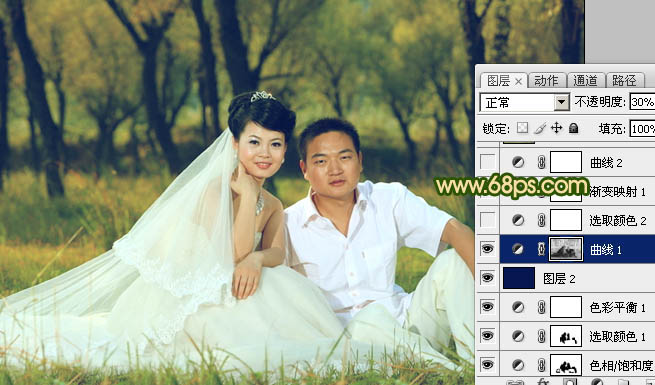 Photoshop将森林婚片调成温馨的暖色调