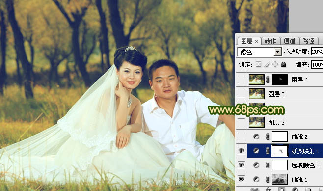 Photoshop将森林婚片调成温馨的暖色调
