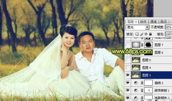 Photoshop将森林婚片调成温馨的暖色调