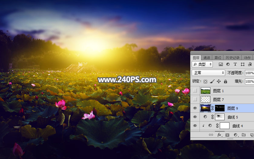 Photoshop怎么给荷花池外景照片快速添加夕阳美景效果？