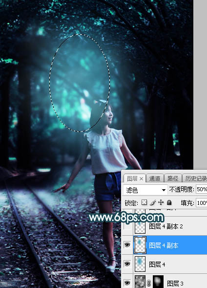 Photoshop为树林人物图片打造梦幻的暗青色逆光效果