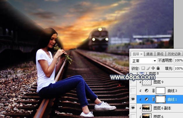 Photoshop调制出唯美的晨曦铁轨上的人物图片