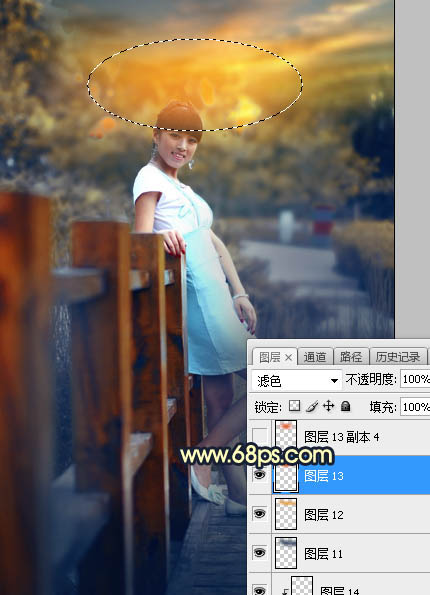 Photoshop调制出秋季晨曦木桥上的人物图片