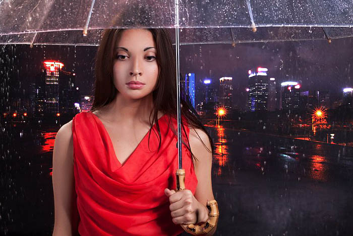 PS将黑夜雨中独行的女孩制作出璀璨城市夜景背景