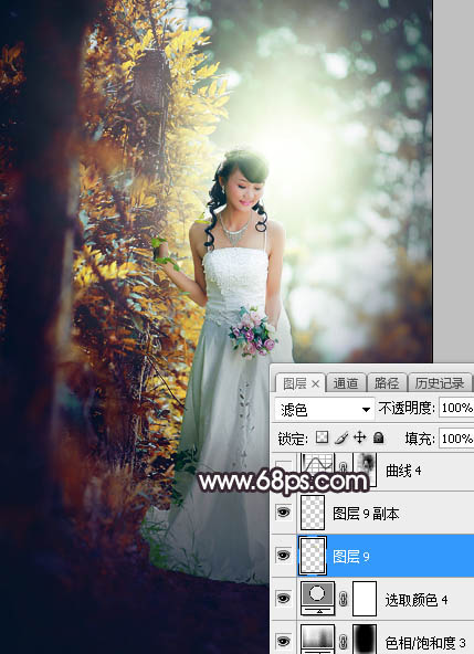 Photoshop将树林婚片打造甜美的逆光青红色