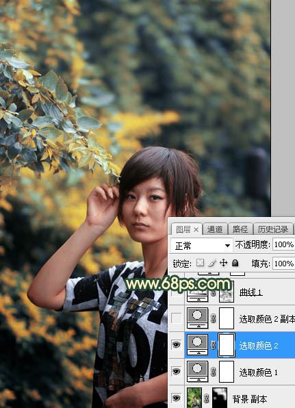 Photoshop将夏季树林人物图片打造甜美的青黄色