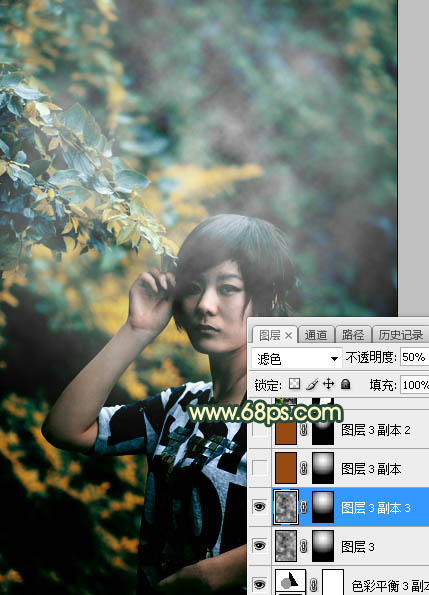 Photoshop将夏季树林人物图片打造甜美的青黄色