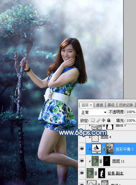 Photoshop将树林人物图片打造出唯美的夏季青蓝色