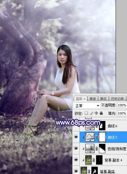 Photoshop调制出甜美清新的淡蓝色树林人物图片