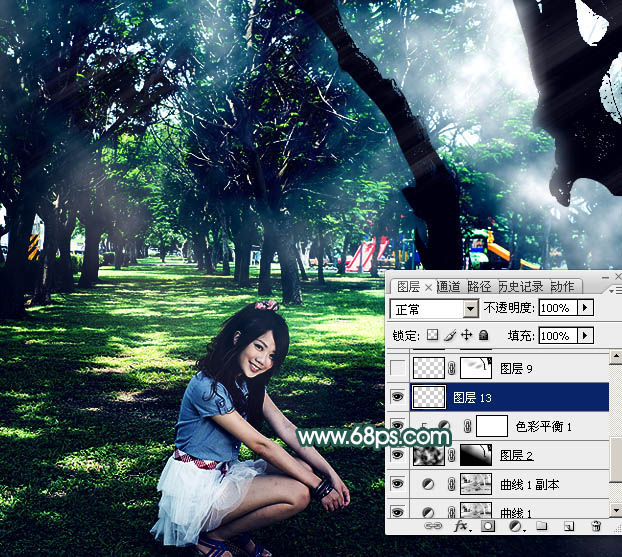 Photoshop调制出梦幻透射光束树林人物图片