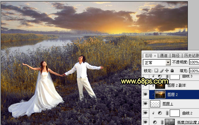 Photoshop将芦苇边的情侣加上唯美的晨曦