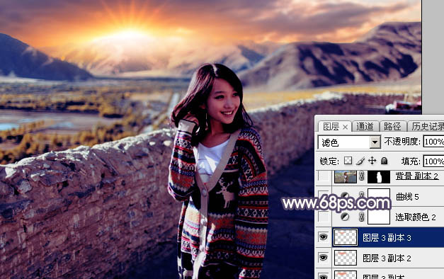 Photoshop将高原山区人物图片调至出灿烂的霞光色