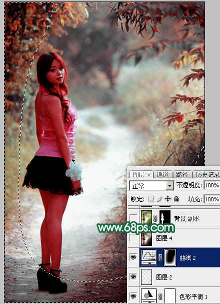Photoshop调出暗调秋季青红色树林人物图片