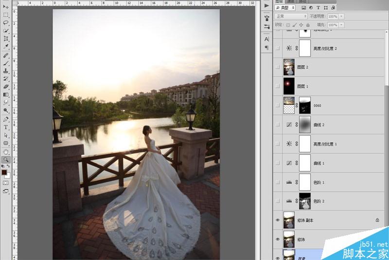 Photoshop给婚纱外景照片调出唯美大气的夕阳景色效果