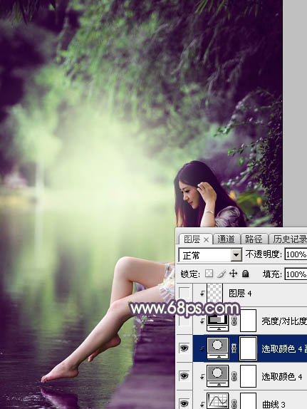 Photoshop使用调色与渲染工具打造出梦幻的绿紫色水景人物图片