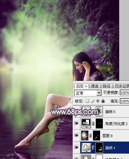Photoshop使用调色与渲染工具打造出梦幻的绿紫色水景人物图片