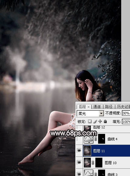 Photoshop调出暗调古典冷褐色水边的美女图片