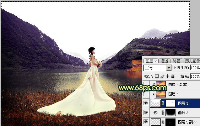 Photoshop调出唯美的霞光色湖边的婚纱美女图片