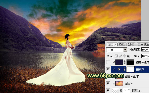 Photoshop调出唯美的霞光色湖边的婚纱美女图片