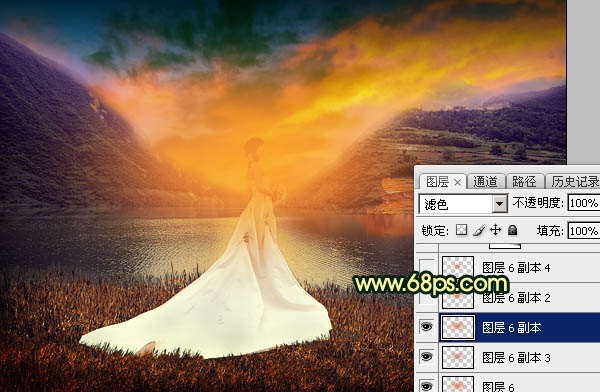 Photoshop调出唯美的霞光色湖边的婚纱美女图片