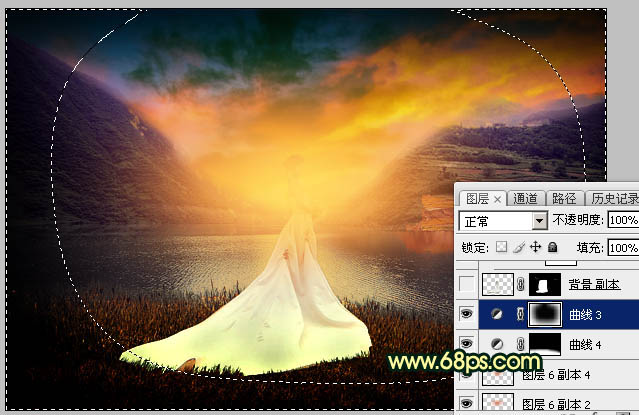 Photoshop调出唯美的霞光色湖边的婚纱美女图片