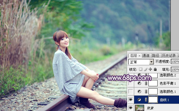 Photoshop为铁轨美女图片打造出清新甜美的淡调绿紫色
