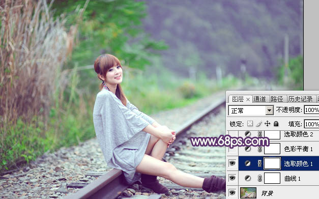 Photoshop为铁轨美女图片打造出清新甜美的淡调绿紫色