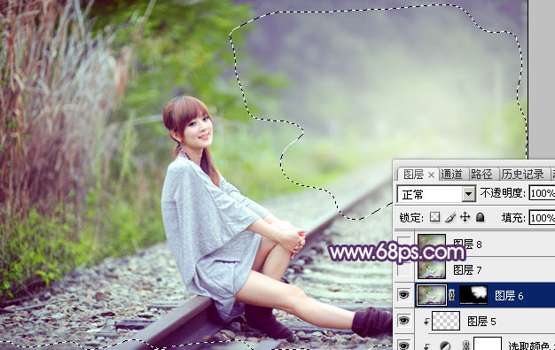Photoshop为铁轨美女图片打造出清新甜美的淡调绿紫色