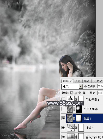Photoshop使用图层样式打造唯美的古典淡蓝色树林人物图片