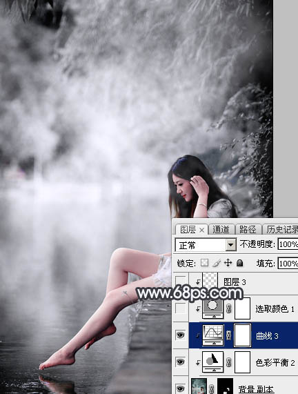 Photoshop使用图层样式打造唯美的古典淡蓝色树林人物图片