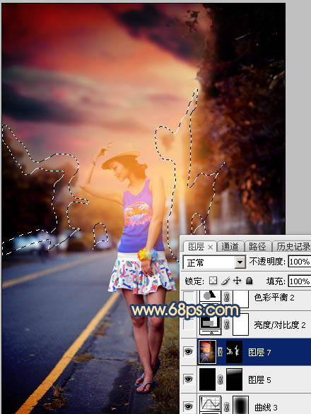 Photoshop调出昏暗的霞光公路上的美女图片