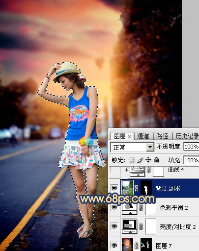 Photoshop调出昏暗的霞光公路上的美女图片