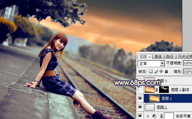 Photoshop调出唯美的霞光色铁轨美女