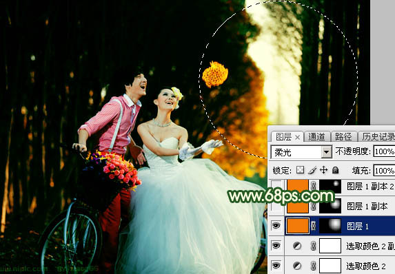 Photoshop调出高对比的橙绿色树林婚片