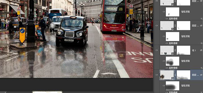 Photoshop将街道图片调出雨水湿润的路面