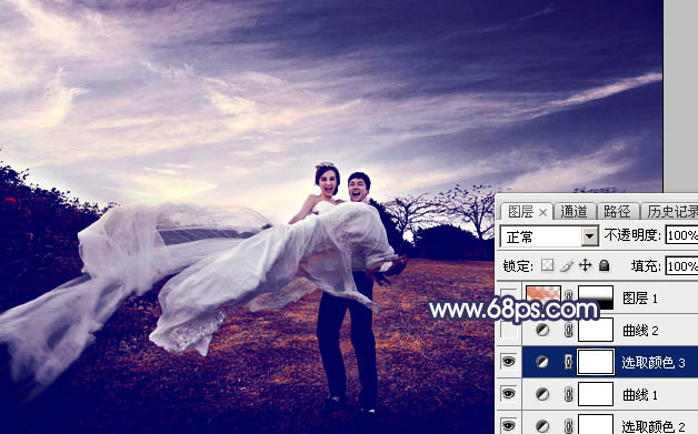 Photoshop将外景婚片打造梦幻大气的秋季暗蓝色