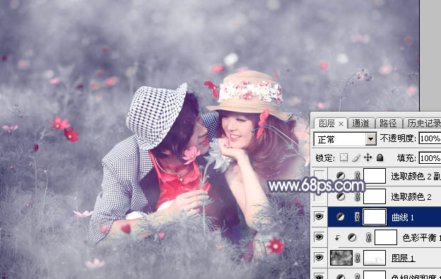 Photoshop将野花中的情侣增加梦幻的中性蓝灰色