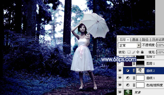 Photoshop为森林人物图片打造梦幻的暗蓝色特效