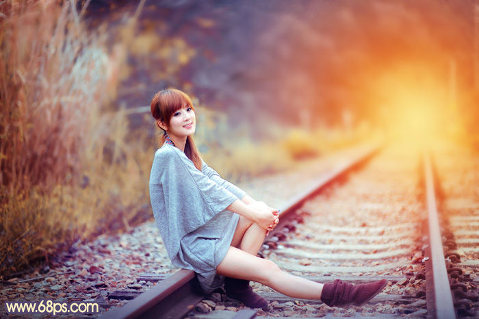 Photoshop为铁轨上的美女增加甜美的晨曦暖色