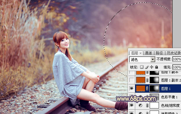 Photoshop为铁轨上的美女增加甜美的晨曦暖色