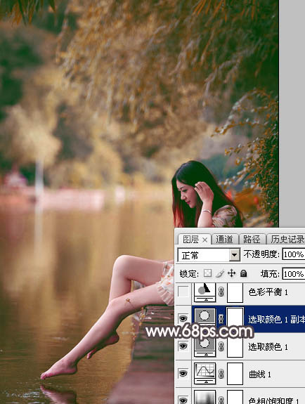 Photoshop将水边的美女增加暗调红褐色