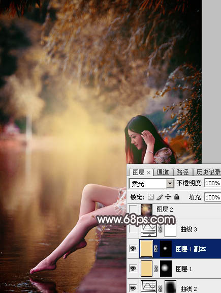 Photoshop将水边的美女增加暗调红褐色